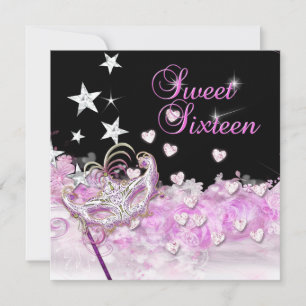 Sweet Sixteen 16 Pink Mask Hearts Stars Invitation