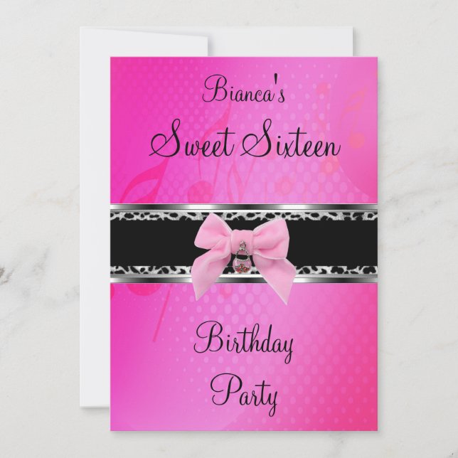 Sweet Sixteen 16 Pink Silver Black Zebra Bow Invitation (Front)