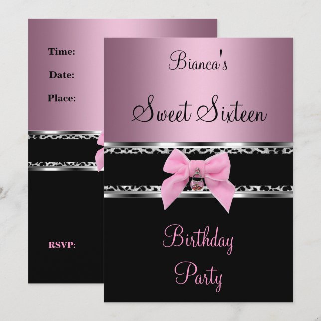 Sweet Sixteen 16 Pink Silver Black Zebra Leopard 3 Invitation (Front/Back)