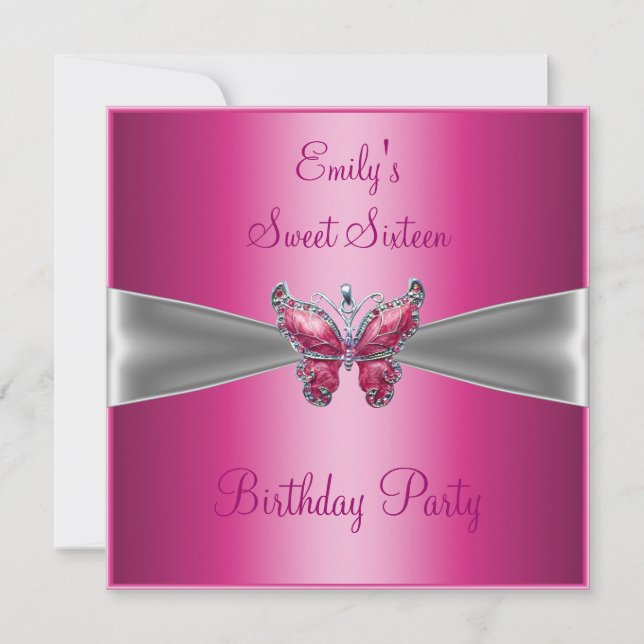 Sweet Sixteen 16 Pink Silver Butterfly Birthday Invitation (Front)
