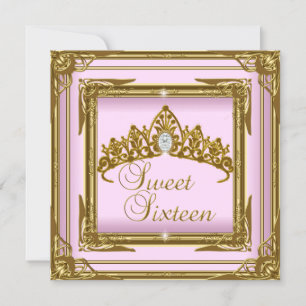 Sweet Sixteen 16 Pink Tiara Gold Glitter Invitation