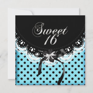 Sweet Sixteen 16 Polka Dot Black & White Blue Invitation