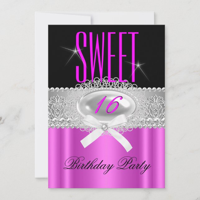 Sweet Sixteen 16 Pretty Hot Pink Black Silver Invitation (Front)