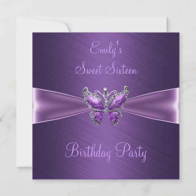 Sweet Sixteen 16 Purple Butterfly Birthday Invitation (Front)