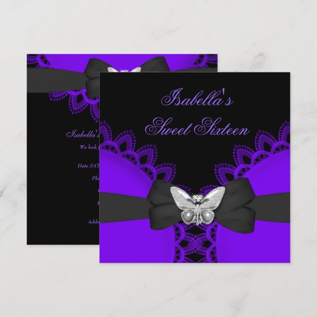 Sweet Sixteen 16 Purple Butterfly White Lace Invitation (Front/Back)