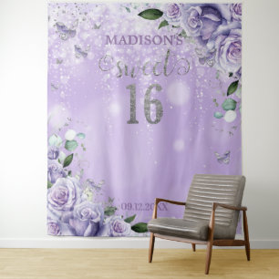 Sweet Sixteen 16 Purple Floral Butterflies Photo Tapestry