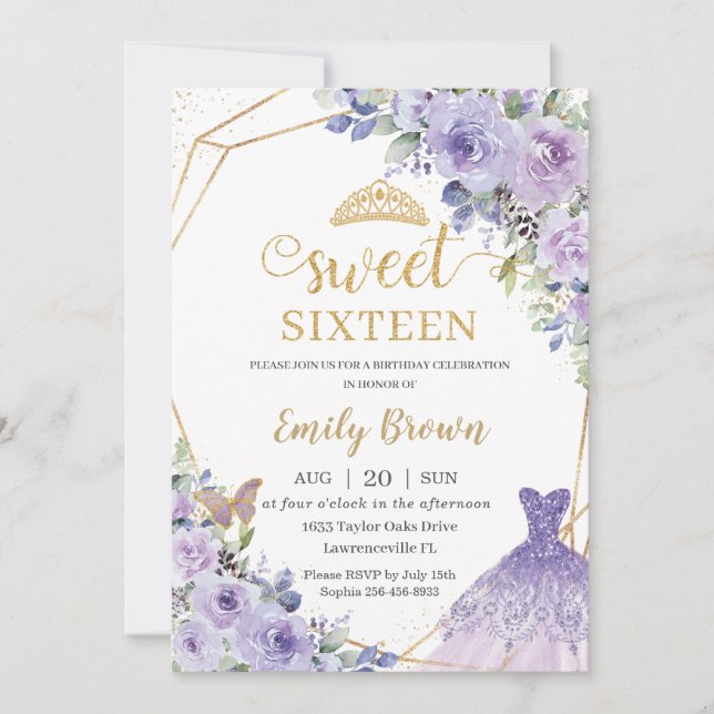 Sweet Sixteen 16 Purple Floral Princess Birthday  Invitation (Front)