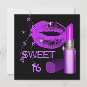 Sweet Sixteen 16 Purple Hot Pink Lips Lipstick Invitation