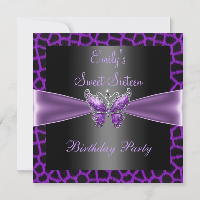 Sweet sixteen 16 Purple Mauve Black Butterfly Invitation (Front)