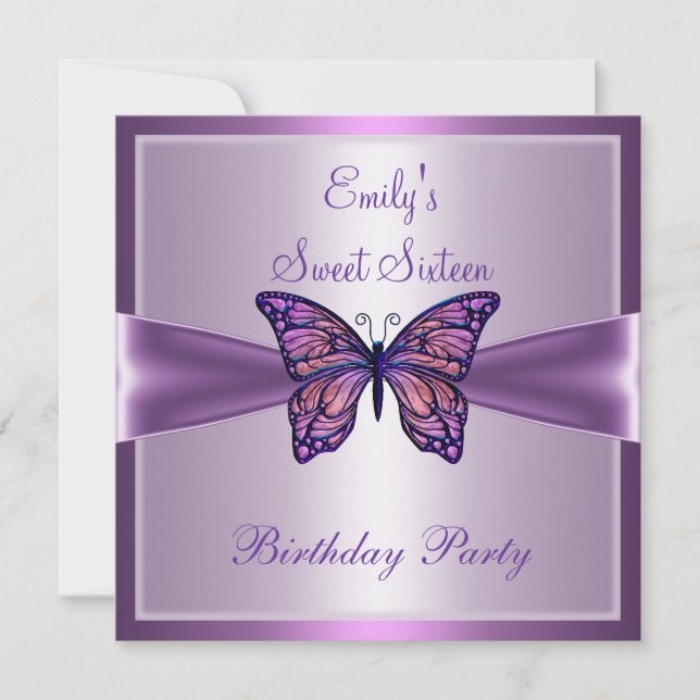 Sweet Sixteen 16 Purple Mauve Butterfly Birthday 2 Invitation (Front)