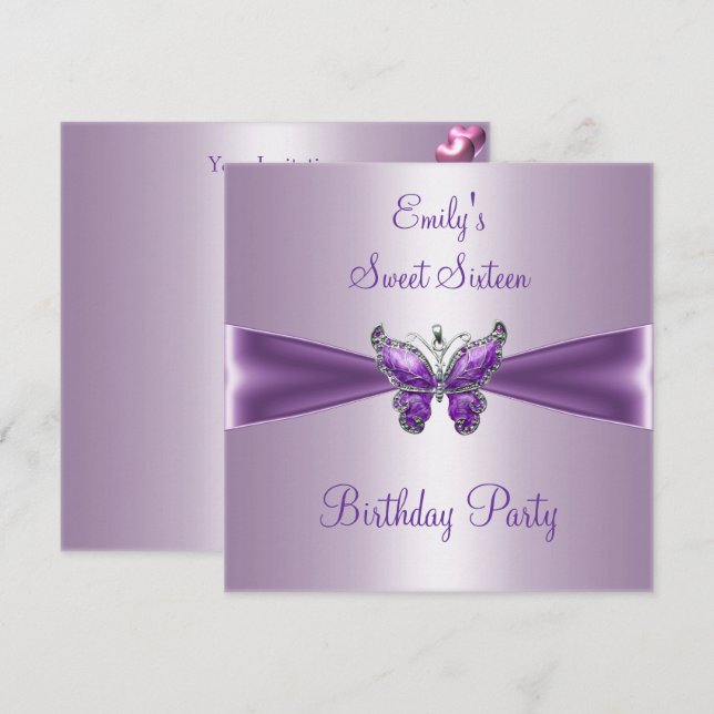 Sweet Sixteen 16 Purple Mauve Butterfly Birthday Invitation (Front/Back)