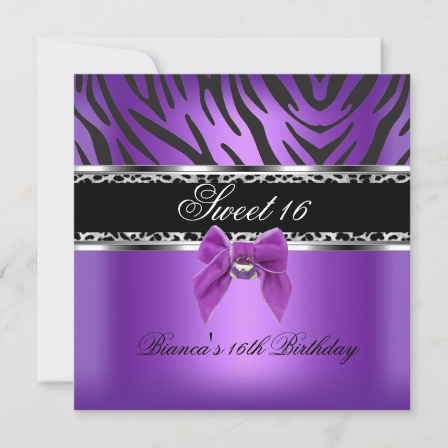 Sweet Sixteen 16 Purple Silver Black Zebra Leopard Invitation (Front)