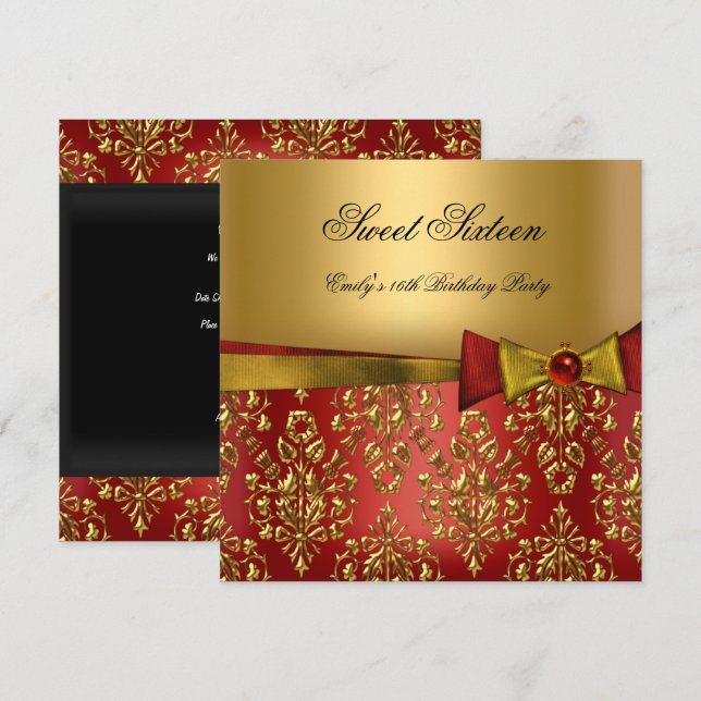Sweet Sixteen 16 Red Black Gold Damask Bow Invitation (Front/Back)