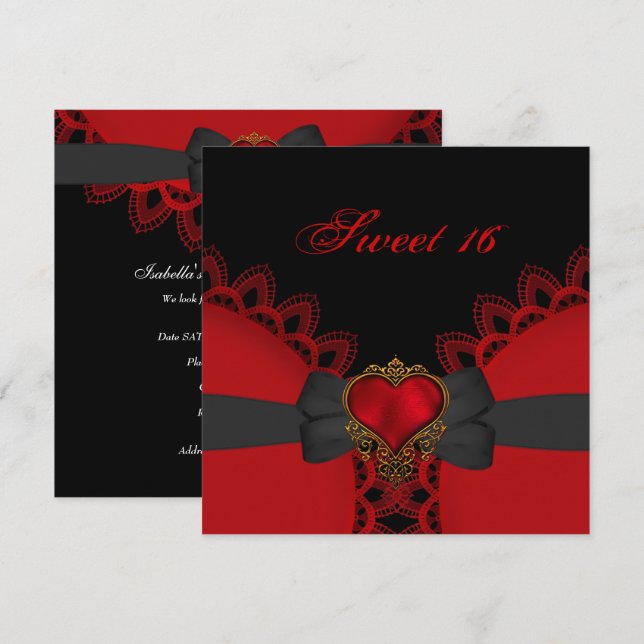 Sweet Sixteen 16 Red Black Lace Heart Gothic Invitation (Front/Back)