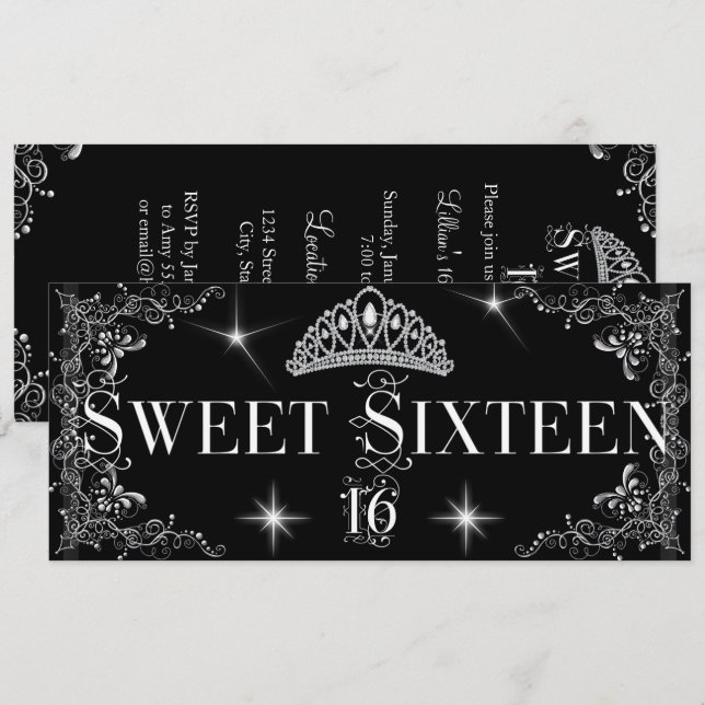 Sweet Sixteen 16 Regal Black Silver Tiara Invitation (Front/Back)