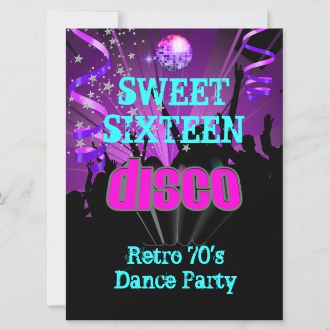 Sweet Sixteen 16 Retro 70's Disco Dance Party 3 Invitation (Front)