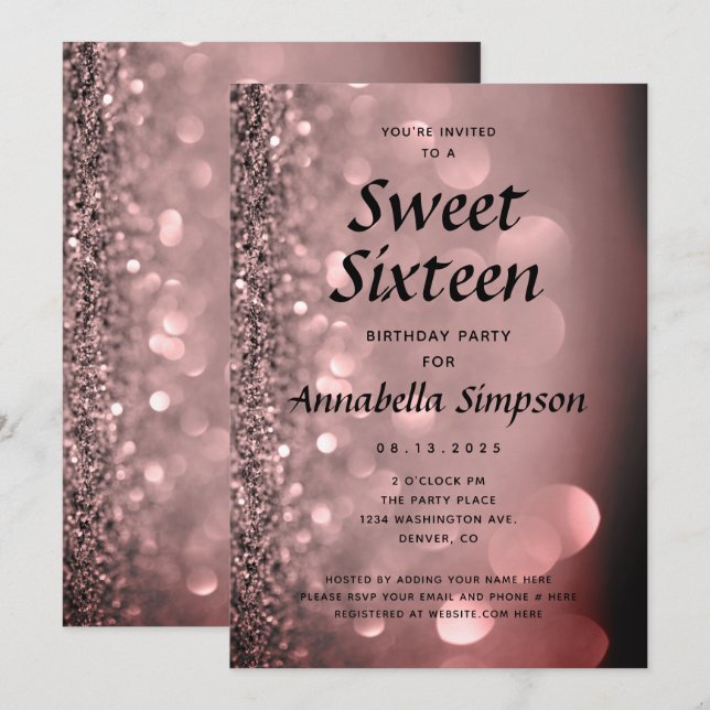 Sweet Sixteen 16 Rose Gold Glitter Birthday Invita Invitation (Front/Back)