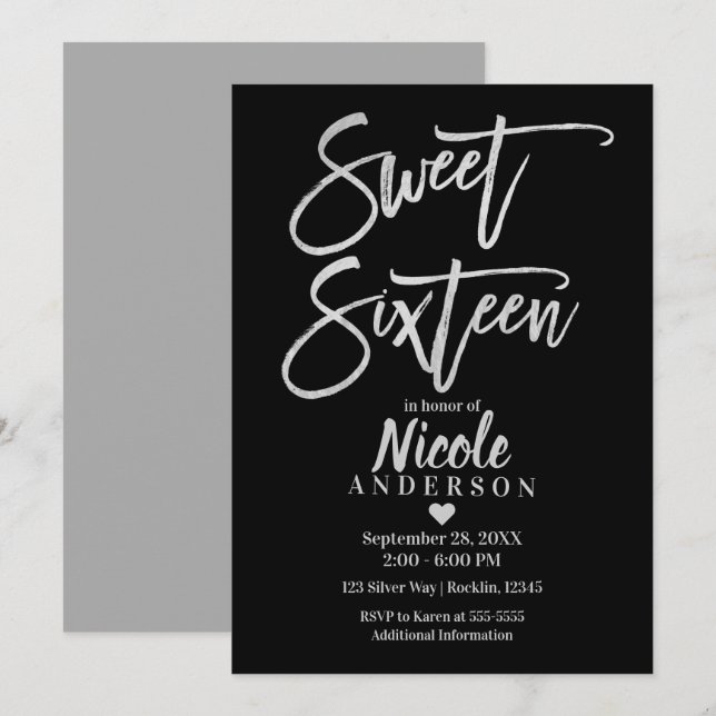 SWEET SIXTEEN 16 Silver Grey Foil & Black Modern Invitation (Front/Back)