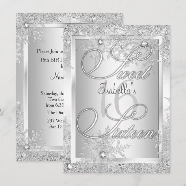Sweet Sixteen 16 Snowflake Winter Wonderland Invitation (Front/Back)
