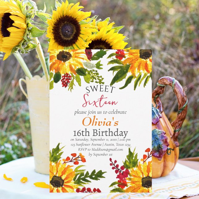 Sweet Sixteen 16 Sunflowers Birthday Floral  Invitation (Creator Uploaded)