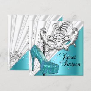 Sweet Sixteen 16 Teal Silver Masquerade Mask 2 Invitation
