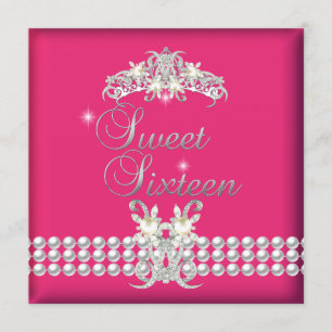 Sweet Sixteen 16 Tiara Pink Silver White Pearl Invitation