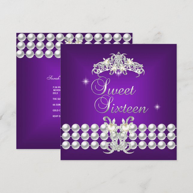 Sweet Sixteen 16 Tiara Purple Silver White Pearl Invitation (Front/Back)