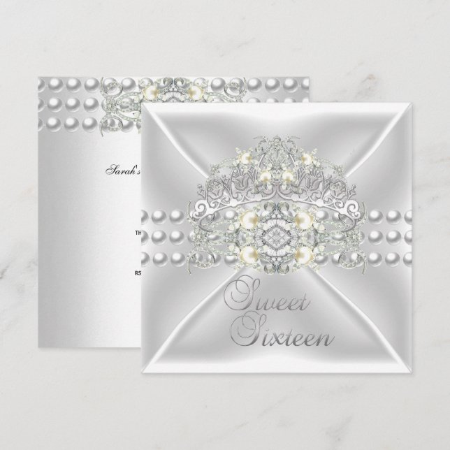 Sweet Sixteen 16  Tiara Silver White Pearl Diamond Invitation (Front/Back)