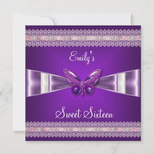 Sweet Sixteen 16 White Purple Butterfly Invitation