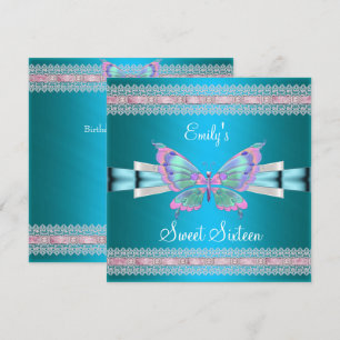 Sweet Sixteen 16 White Teal Blue Pink Butterfly Invitation