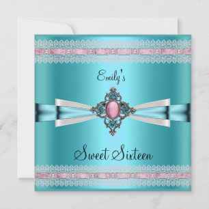 Sweet Sixteen 16 White Teal Blue Pink Invitation
