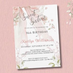 Sweet Sixteen 16 Years Pink Bow Floral   Invitation