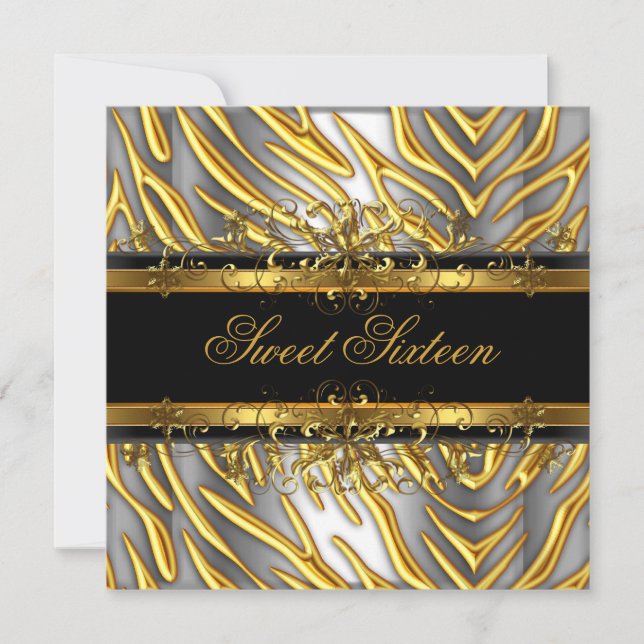 Sweet Sixteen 16 Zebra Gold Black Silver Invitation (Front)
