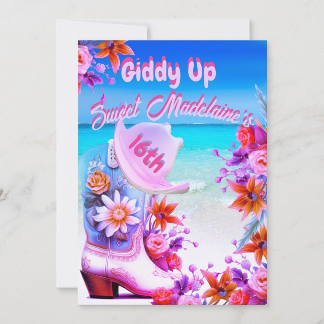 Sweet Sixteen 16th Beach Cowgirl Floral  Birthday Invitation (Front)
