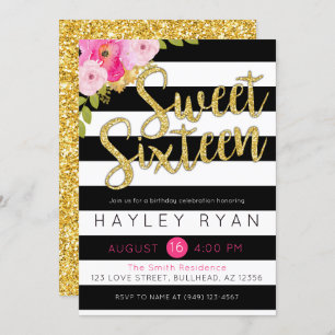 Sweet Sixteen 16th Birthday Black White Stripe Invitation