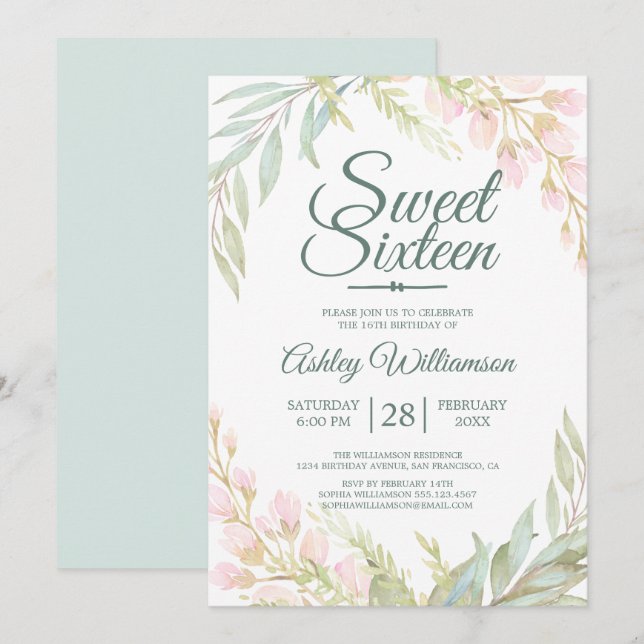 Sweet Sixteen 16th Birthday Blue Pink Floral Invitation (Front/Back)
