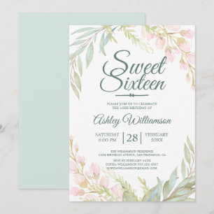 Sweet Sixteen 16th Birthday Blue Pink Floral Invitation