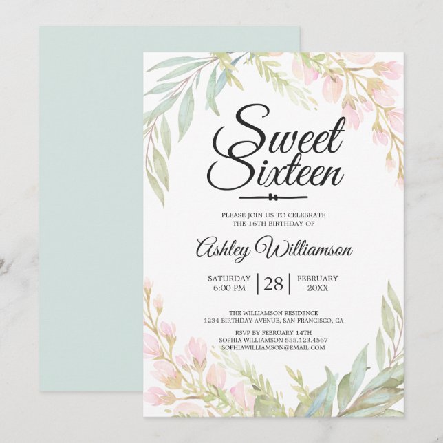 Sweet Sixteen 16th Birthday Blue Pink Floral Invitation (Front/Back)