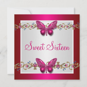 Sweet Sixteen 16th Birthday Butterfly Fushia Invitation