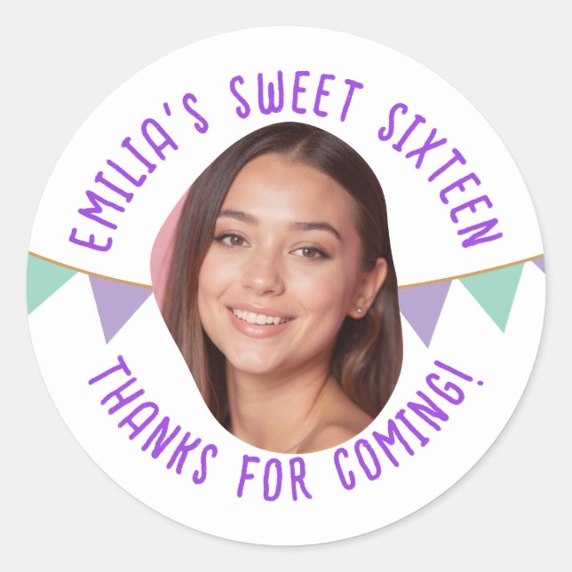 Sweet Sixteen 16th Birthday Custom Photo Banner Cl Classic Round Sticker (Front)