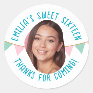 Sweet Sixteen 16th Birthday Custom Photo Banner Classic Round Sticker