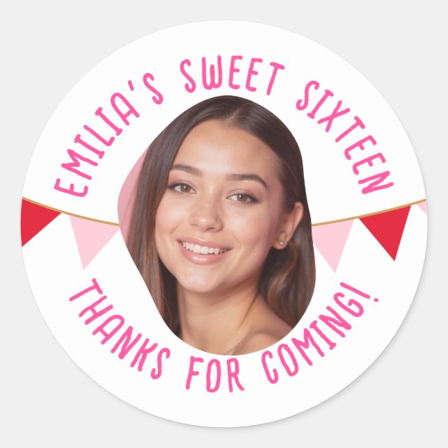 Sweet Sixteen 16th Birthday Custom Photo Banner Classic Round Sticker (Front)