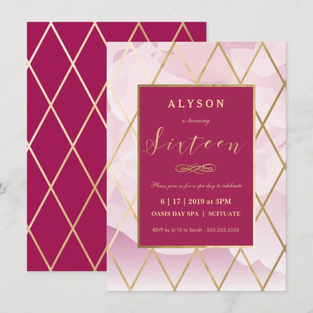 Sweet Sixteen, 16th Birthday Invitation Gold Girly (Front/Back)