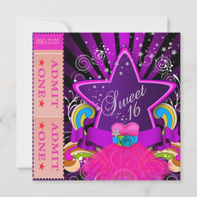 SWEET SIXTEEN 16th Birthday Party Fun Ticket Invitation (Front)
