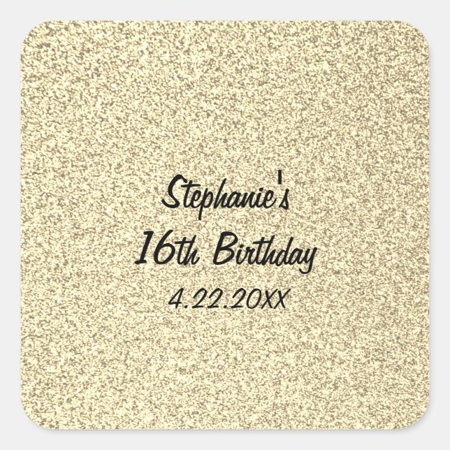 Sweet Sixteen 16th Birthday Party Glittery Gold Square Sticker (Front)