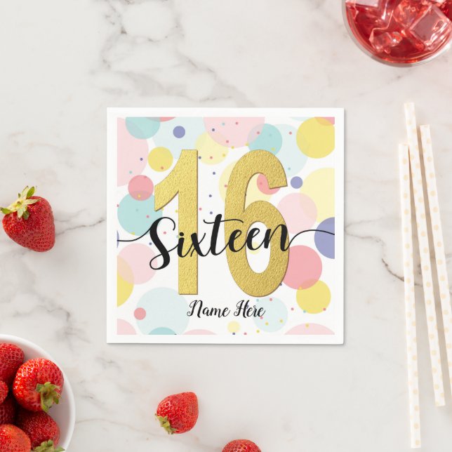 Sweet Sixteen 16th Birthday Pastel Rainbow Gold Napkin (Insitu)