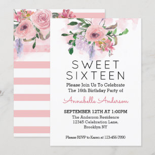 Sweet Sixteen 16th Birthday Pink Floral Watercolor Invitation