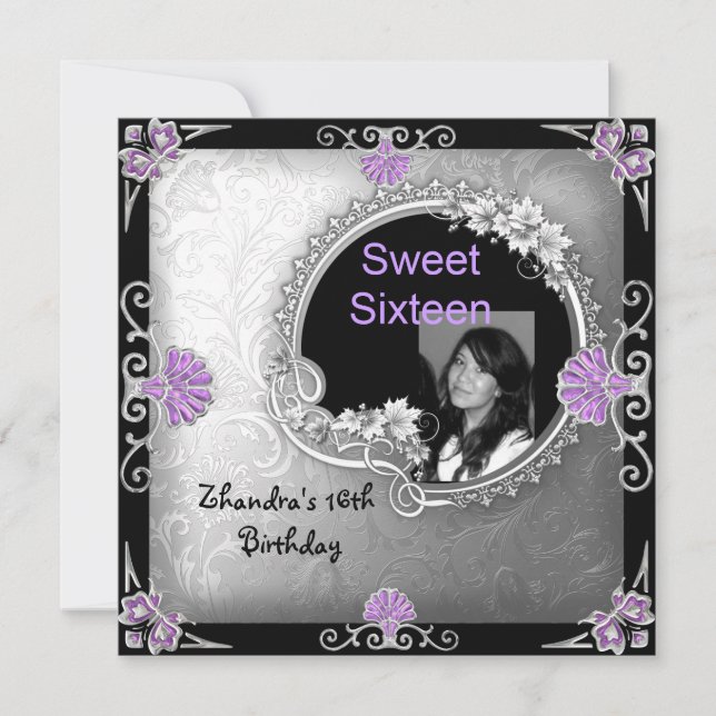 Sweet Sixteen 16th Birthday Silver Purple Photo Invitation (Front)