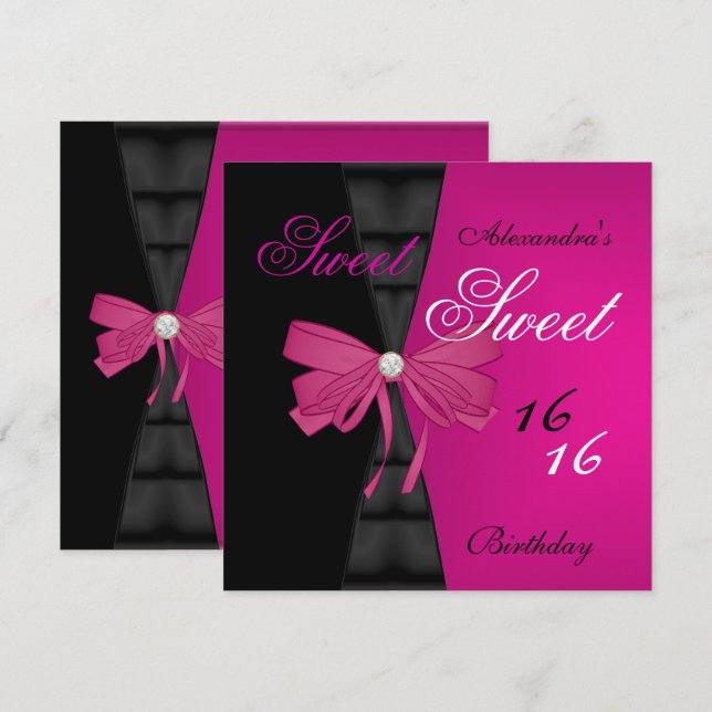Sweet Sixteen 16th Bright Pink Black Bow party Invitation (Front/Back)