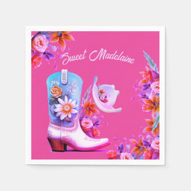 Sweet Sixteen 16th Cowgirl Floral Pink Birthday Napkin (Front)